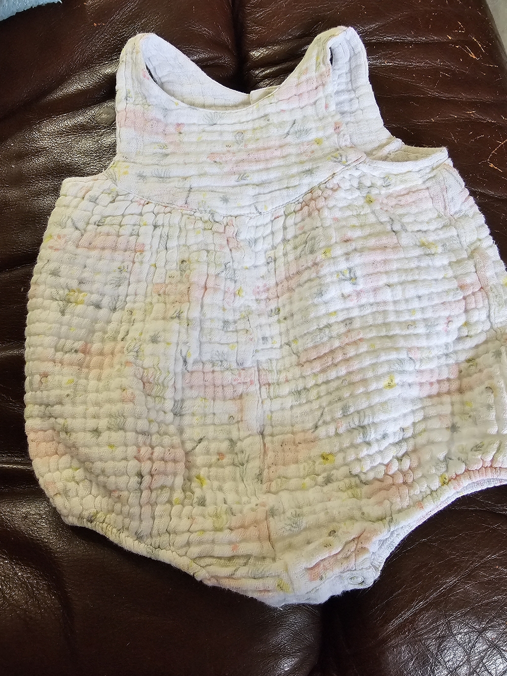 Angel Dear White Muslin Bubble Romper with Pink and Yellow Accents